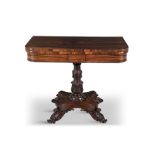 A GEORGE IV ROSEWOOD FOLDING TOP TEA TABLE the rectangular top with rounded corners,