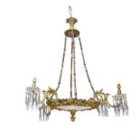 A VICTORIAN BRASS AND CUT GLASS FOUR BRANCH DISH LIGHT late 19th century the glass dish