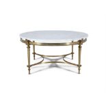 AN ITALIAN GILT BRASS AND MARBLE TOP CIRCULAR OCCASSIONAL TABLE with mottled white marble,
