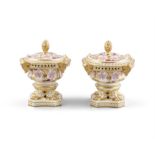 A PAIR OF ROYAL CROWN DERBY PORCELAIN POT POURRI VASES AND COVERS, of circular urn form and