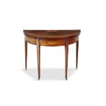 A 19TH CENTURY INLAID MAHOGANY HALF-MOON FOLDING TOP TEA TABLE, the top with satinwood half