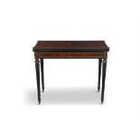 A 19TH CENTURY INALID EBONY AND BURR WALNUT SHAPED RECTANGULAR FOLDING TOP GAMES TABLE,