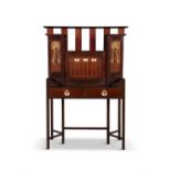 AN ARTS & CRAFTS INLAID MAHOGANY AND FRUITWOOD SECRETAIRE, designed by George Montgomery