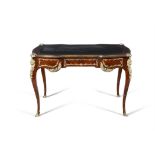 A FRENCH 19TH CENTURY KINGWOOD BRASS MOUNTED BUREAU PLAT, the shaped rectangular top inset with