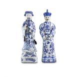 A PAIR OF CHINESE BLUE AND WHITE PORCELAIN IMMORTAL FIGURES, 20th Century, transfer printed