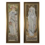 A PAIR OF ARTS & CRAFTS SILK EMBROIDERED PANELS, depicting young women personifying Winter and