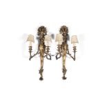 A PAIR OF GEORGIAN STYLE GILTWOOD AND GESSO TWO-LIGHT WALL SCONCES, each of baluster form,