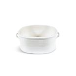 A WHITE PORCELAIN OVAL BASIN, of plain form with applied carrying handles. 57cm wide over