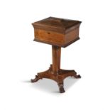 A GEORGE IV ROSEWOOD RECTANGULAR TEA POY, with flat domed lid enclosing a fitted interior,