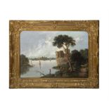 CONTINENTAL SCHOOL 19TH CENTURY Figure by a Lakeside with Castle and Windmill in the