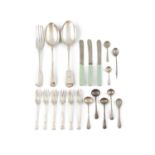 FOUR VARIOUS SILVER SALT SPOONS London marks; together with miscellaneous plated cutlery etc.