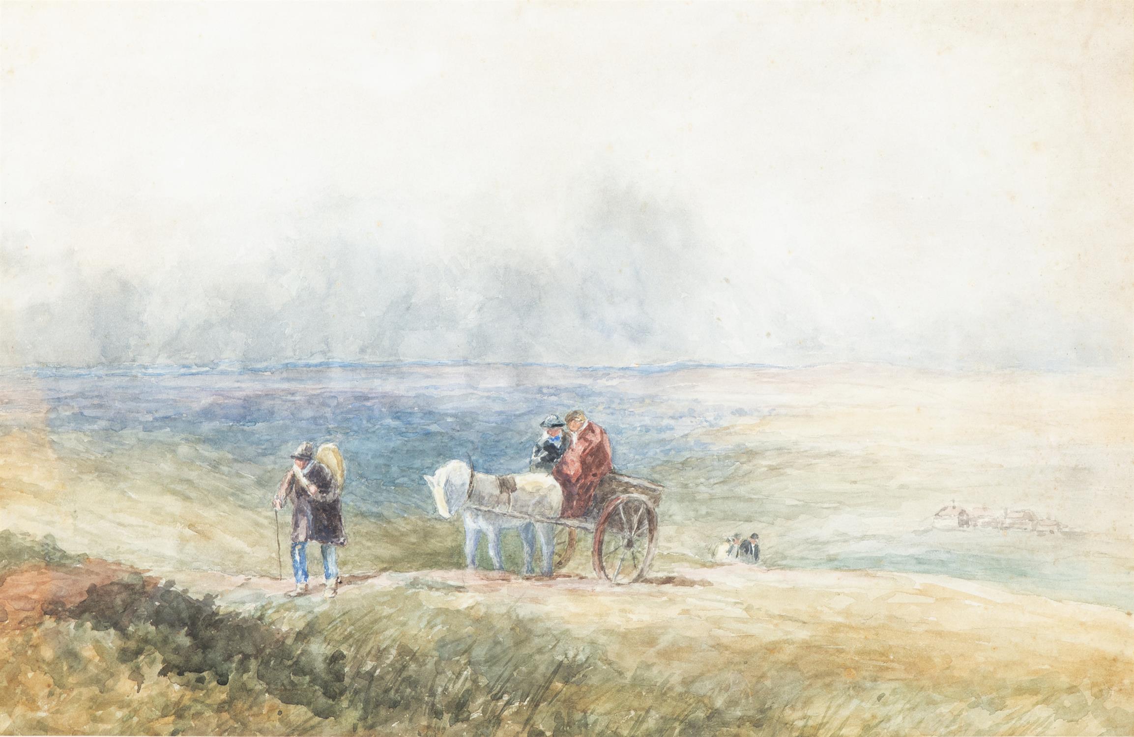 ATTRIBUTED TO DAVID COX, Figures and horse and cart ascending a mountain, with town in the - Image 2 of 4