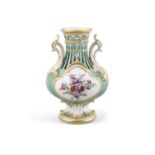 AN ENGLISH PORCELAIN SHAPED OVAL VASE, of baluster form, the pierced neck flanked by twin scroll