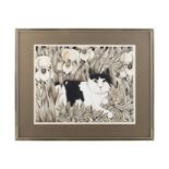 HELEN MORTLEY Black and White Cat Amongst Foliage Watercolour, 28.5 x 36.5cm Signed with