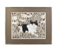 HELEN MORTLEY Black and White Cat Amongst Foliage Watercolour, 28.5 x 36.5cm Signed with