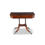 A REGENCY ROSEWOOD AND BRASS INLAID CARD TABLE, the fold over top with canted corners,