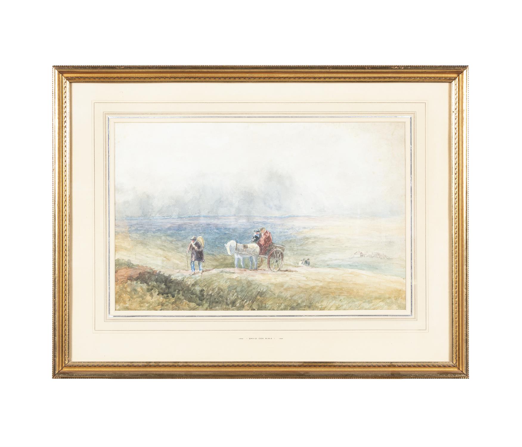 ATTRIBUTED TO DAVID COX, Figures and horse and cart ascending a mountain, with town in the