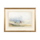 ATTRIBUTED TO DAVID COX, Figures and horse and cart ascending a mountain, with town in the