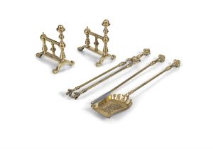 A SET OF THREE BRASS FIRE IMPLEMENTS, together with a pair of fire dogs, the brasses with