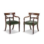 A PAIR OF WILLIAM IV MAHOGANY RAIL BACK 'CARVER' ARMCHAIRS, c. 1830 each with incised tablet