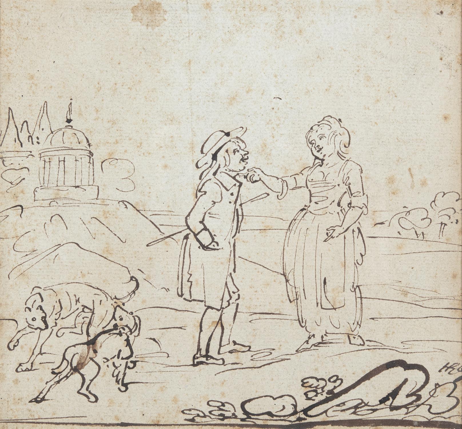 ENGLISH SCHOOL 18th CENTURY Traveller and a lady on the roadside with a pair of dogs Ink on