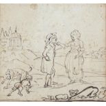 ENGLISH SCHOOL 18th CENTURY Traveller and a lady on the roadside with a pair of dogs Ink on