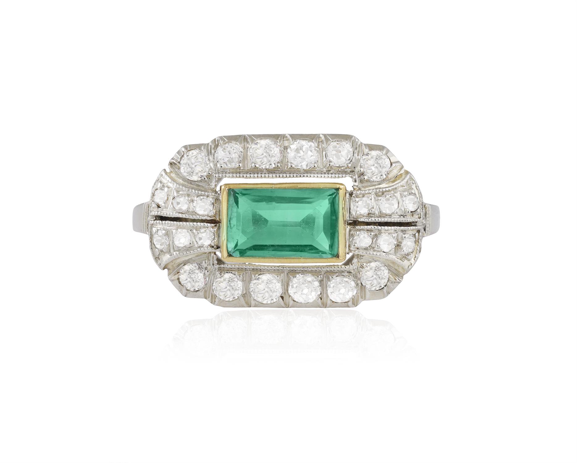 AN EMERALD AND DIAMOND DRESS RING The rectangular-cut emerald within collet-setting, - Image 2 of 6