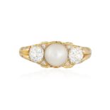 A PEARL AND DIAMOND DRESS RING Centring a pearl of white tint measuring approximately 6.