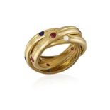 A GEM-SET 'TRINITY' RING, BY CARTIER The interlocking reeded bands accented at intervals by