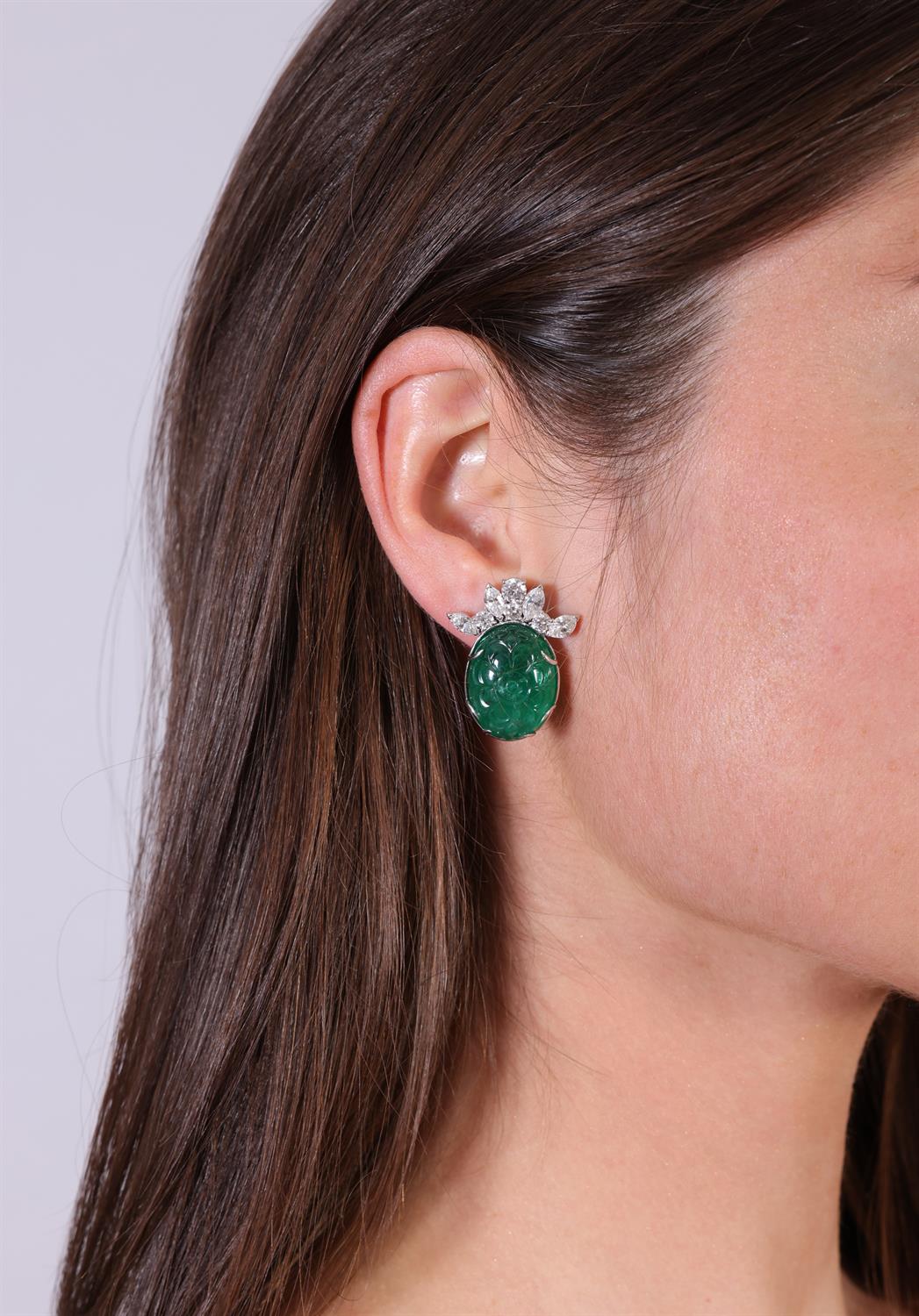 A PAIR OF EMERALD AND DIAMOND EARCLIPS Each oval-shaped carved emerald with foliate detailing - Image 3 of 3