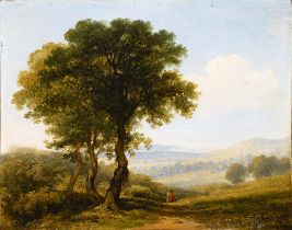 James Arthur O'Connor (1792 - 1841) A wooded landscape with figures on a path Oil on panel, 18.