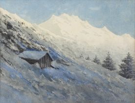 William Percy French (1854-1920) Alpine Scene with Chalet Watercolour, 25 x 33cm (9¾ x