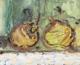 Camille Souter HRHA (1929 - 2023) 'The 2 Old Turnips' (1973) Oil on paper on board, 17.5 x 21.