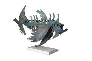 John Behan RHA (B.1938) ‘An Brádan’ Green patinated steel on a white marble base 95cm long,