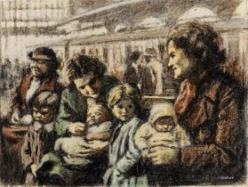 William Conor RUA RHA (1881 - 1968) A Family Group in a Railway Station Wax crayon on paper,