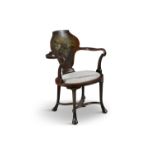 A VICTORIAN PAINTED MAHOGANY FRAMED ARMCHAIR, the shield back painted with battlefield scene,