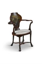 A VICTORIAN PAINTED MAHOGANY FRAMED ARMCHAIR, the shield back painted with battlefield scene,