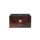 A VICTORIAN ROSEWOOD AND MOTHER-OF-PEARL INLAID TRAVELLING VANITY CASE, with a crimson leather lined