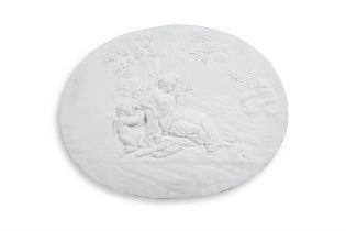 A CLASSICAL STYLE OVAL PLASTER RELIEF, 18TH CENTURY depicting female figure in repose and Cupid.