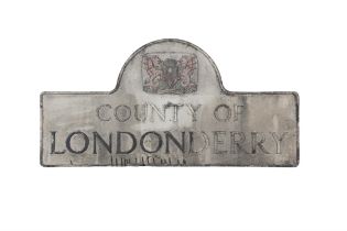 A CAST METAL PAINTED 'COUNTY OF LONDONDERRY' SIGN, the domed top containing the County of