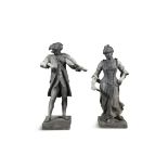 A PAIR OF FRENCH 19TH CENTURY LEAD STANDING FIGURES OF A YOUNG MAN WITH VIOLIN AND DANCING WOMAN
