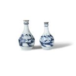 TWO SIMILAR CHINESE BLUE AND WHITE PORCELAIN GARLIC BULB VASES, 18/19TH CENTURY each with flared rim