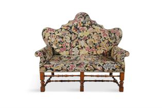 A WALNUT FRAMED SOFA IN THE STYLE OF DANIEL MORAT, 19TH CENTURY with tapestry upholstery and block