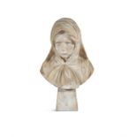 A CARVED ALABASTER BUST OF A YOUNG GIRL, PROBABLY ITALIAN C.1900 her head covered by a shawl. 46cm