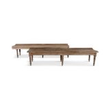 A PAIR OF 19TH CENTURY LONG RECTANGULAR PAVILION PINE BENCHES, with carved slatted seats, raised