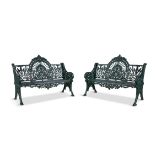 A PAIR OF EARLY 20TH CENTURY CAST IRON GREEN PAINTED GARDEN BENCHES STAMPED PIERCE OF WEXFORD, the