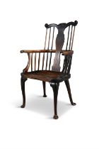 A GEORGE III ASH AND ELM WINDSOR CHAIR, THAMES VALLEY, C.1800 with shaped toprail centred with a