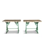 A PAIR OF VICTORIAN GREEN PAINTED CAST IRON CONSERVATORY TABLES, the fitted timber panelled tops