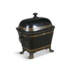 A 19TH CENTURY FRENCH BLACK TOLE FUEL BIN AND COVER, tub shaped with lion masks and ring side