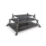 AN INDIAN HARDWOOD AND BRONZE MOUNTED THREE TIER OCCASIONAL TABLE, each graduated rectangular